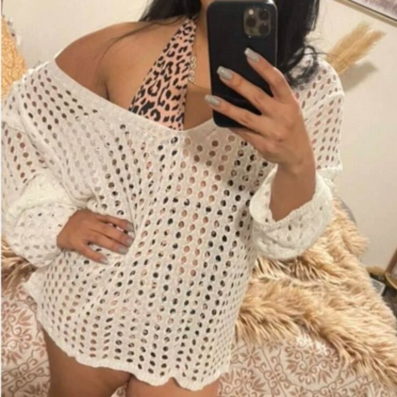 Boho hollow cut Knit Crochet Top beach vacation white - Picture 3 of 8